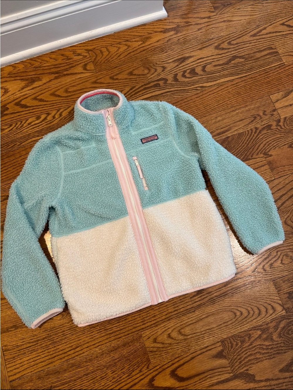 Vineyard Vines Girls Colorblock teal, white, pink fleece jacket - size M (8-10)
